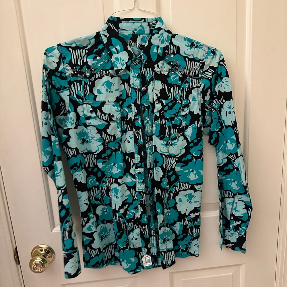 Rock 47 by Wrangler teal flower button down shirt